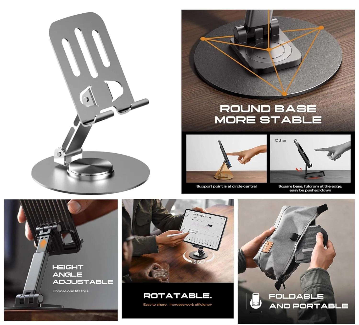 Aluminum Phone Stand 360° Rotatable and Foldable Cell Phone Holder - Grey - Image 4