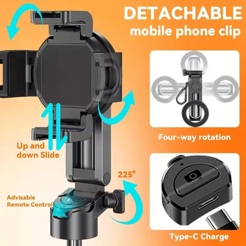 Stainless Steel Retractable Selfie Stick Tripod with Detachable Remote , 3-in-1 Mini Phone Grip - Image 3