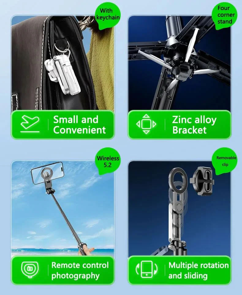 Stainless Steel Retractable Selfie Stick Tripod with Detachable Remote , 3-in-1 Mini Phone Grip - Image 5