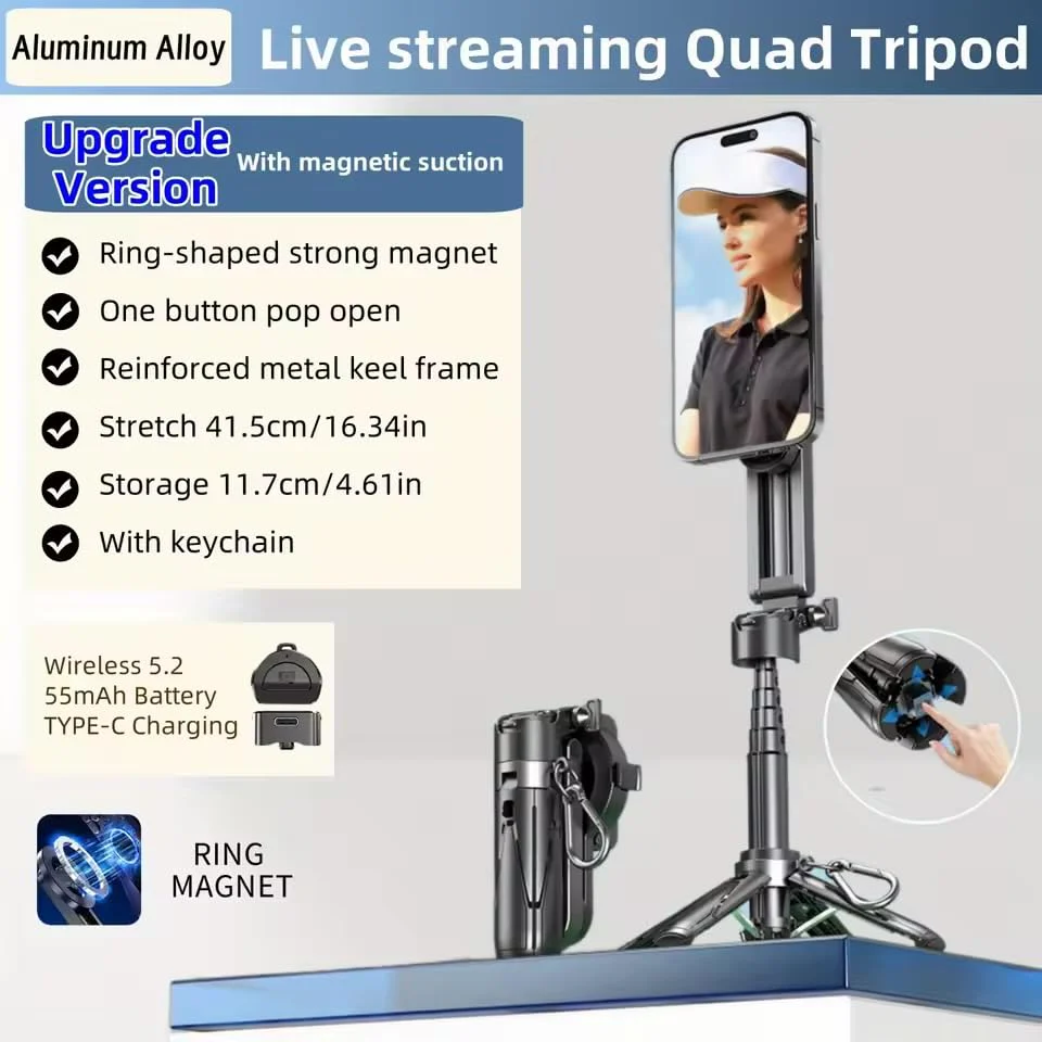 Stainless Steel Retractable Selfie Stick Tripod with Detachable Remote , 3-in-1 Mini Phone Grip - Image 6