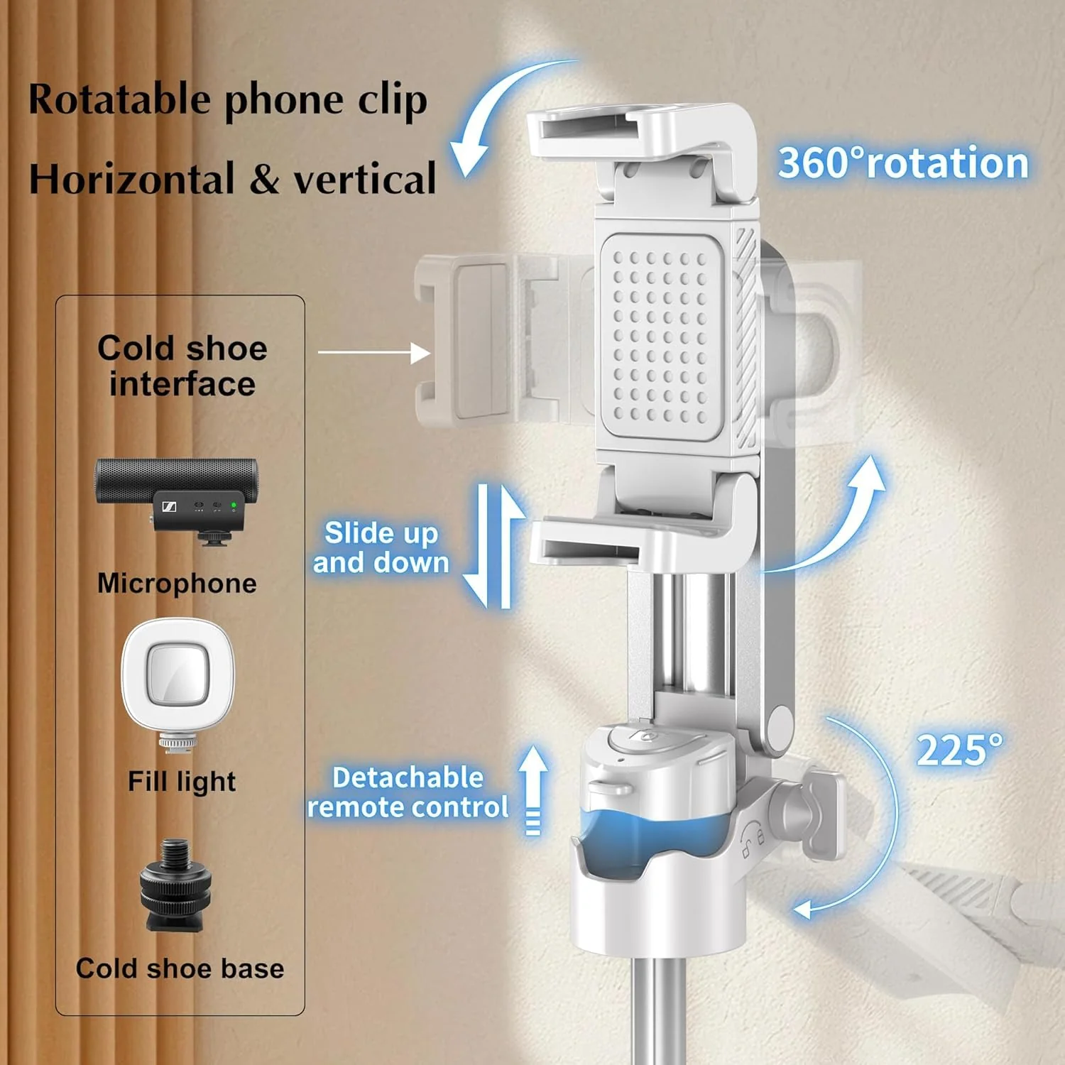 Stainless Steel Retractable Selfie Stick Tripod with Detachable Remote , 3-in-1 Mini Phone Grip - Image 8