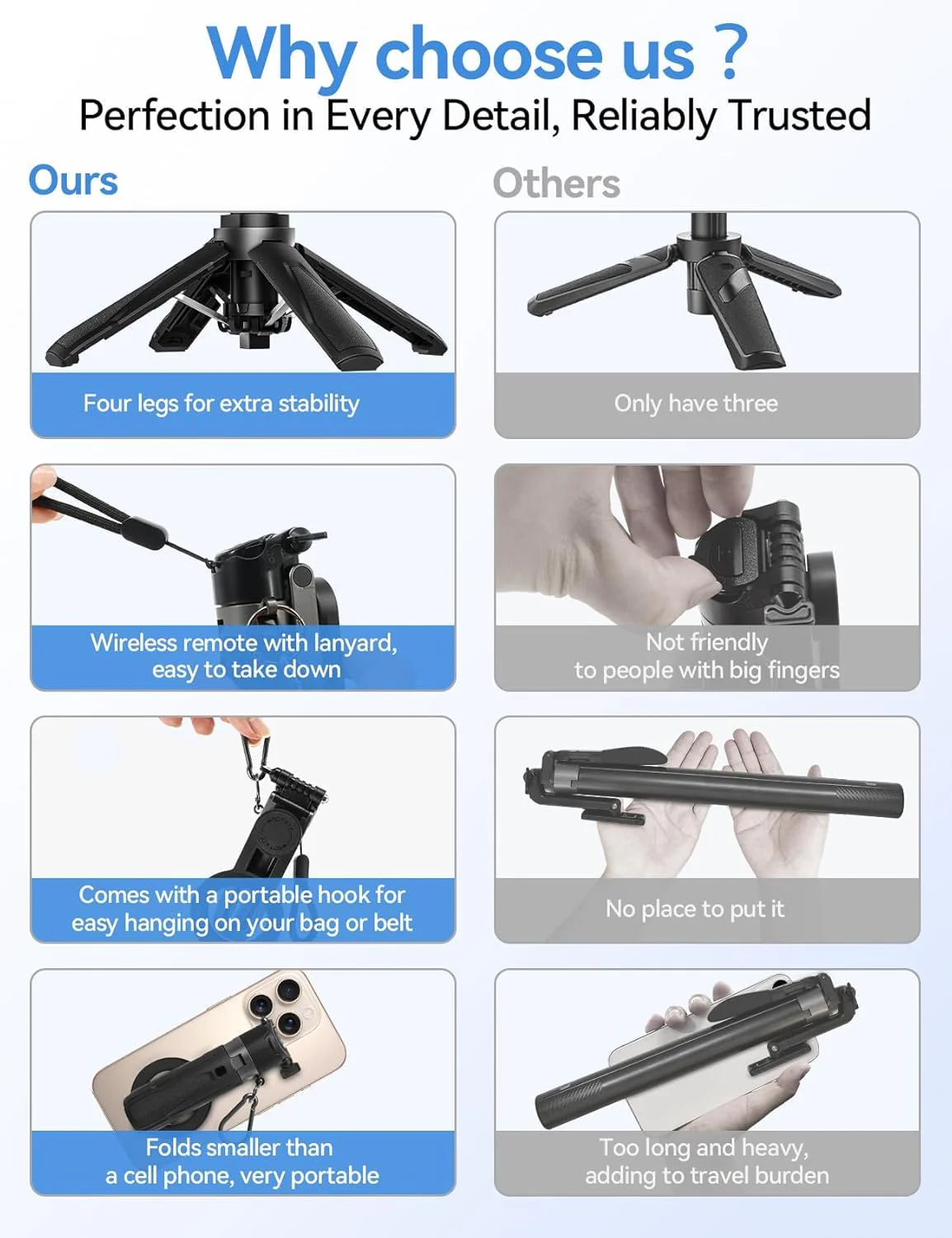 Stainless Steel Retractable Selfie Stick Tripod with Detachable Remote , 3-in-1 Mini Phone Grip - Image 9