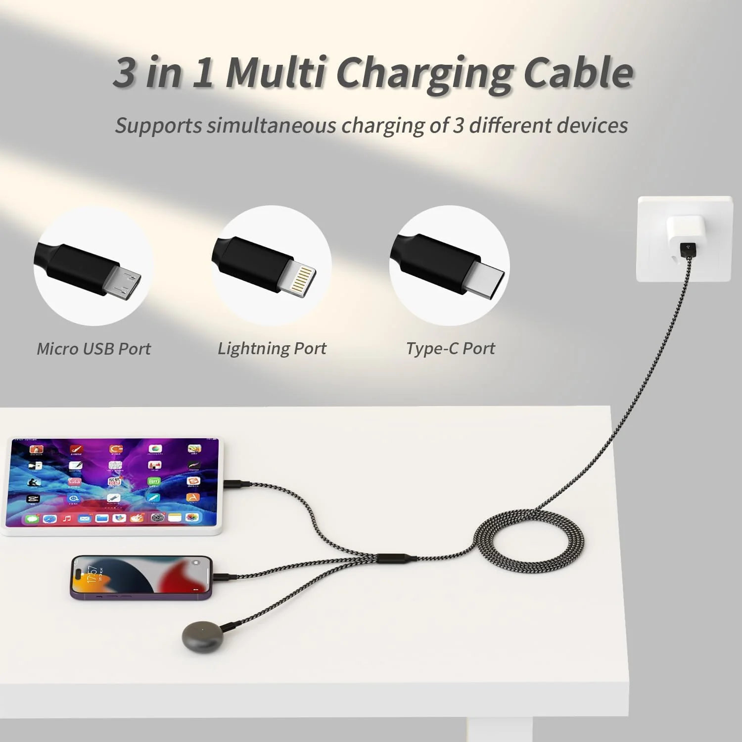 Nylon Braided 65W Charger Cable - 3 in 1 1200 mm Fast Charging Data Cable - Image 5